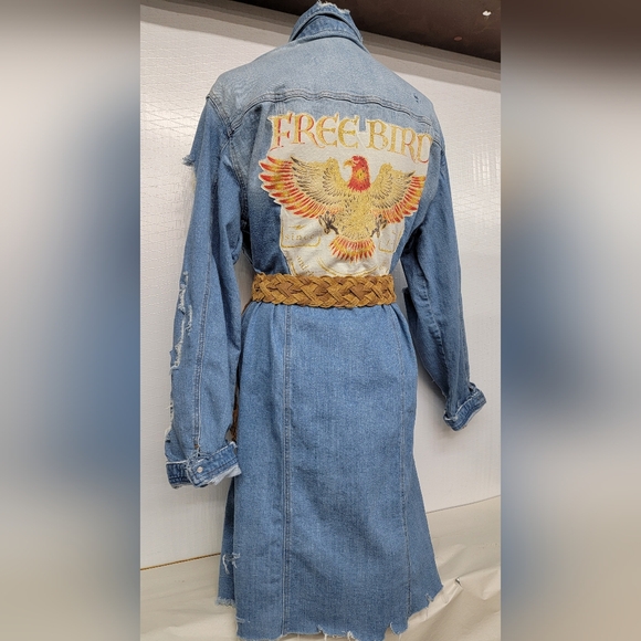 **SOLD*******Lynyrd Synyrd Free Bird Long Denim Jean Jacket Upcycled Vintage - Picture 6 of 12